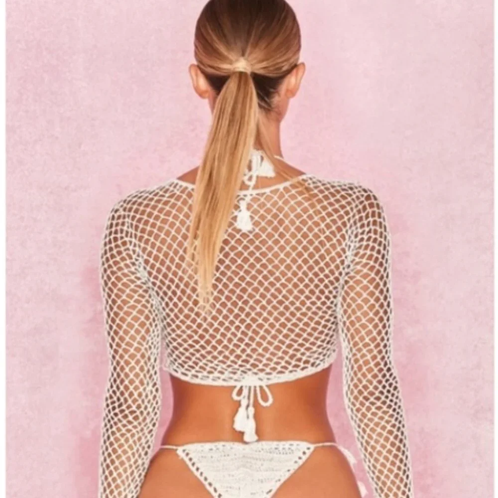 House of CB Neoma White Crochet Long Sleeve Top